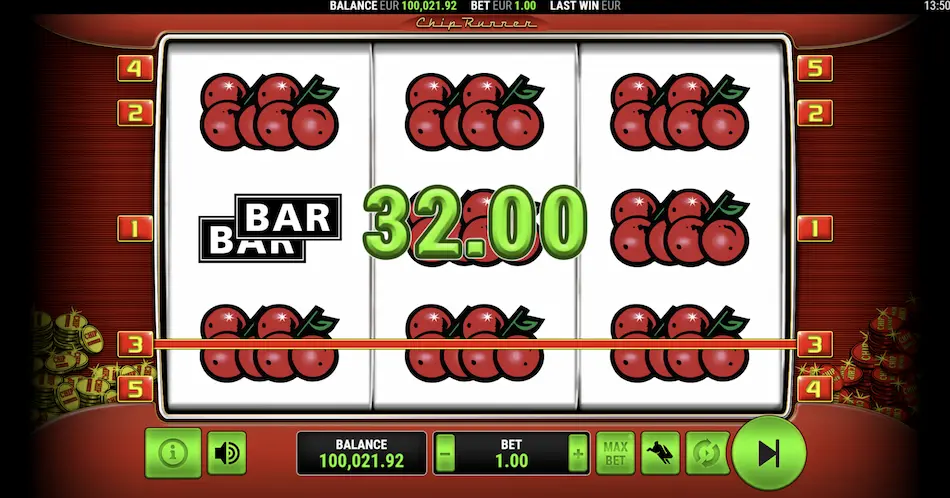 Chip Runner gameplay — klasyczne symbole owoców na 3 bębnach